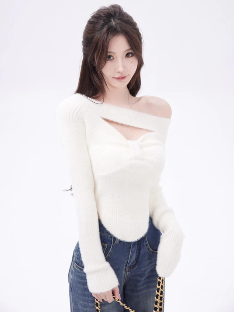 Autumn Winter Sexy Knitted Sweater Women Design Korean Fashion Elegant Pullover Office Lady Y2k Crop Tops Female Chic Jumpers