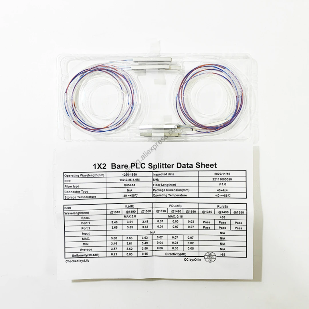 10pcs/lot 1x2 1x4 1x8 Color Fiber Optic PLC Splitter Without Connector Cable 250um 0.9mm Mini Blockless 2,4 Ports PLC Splitter