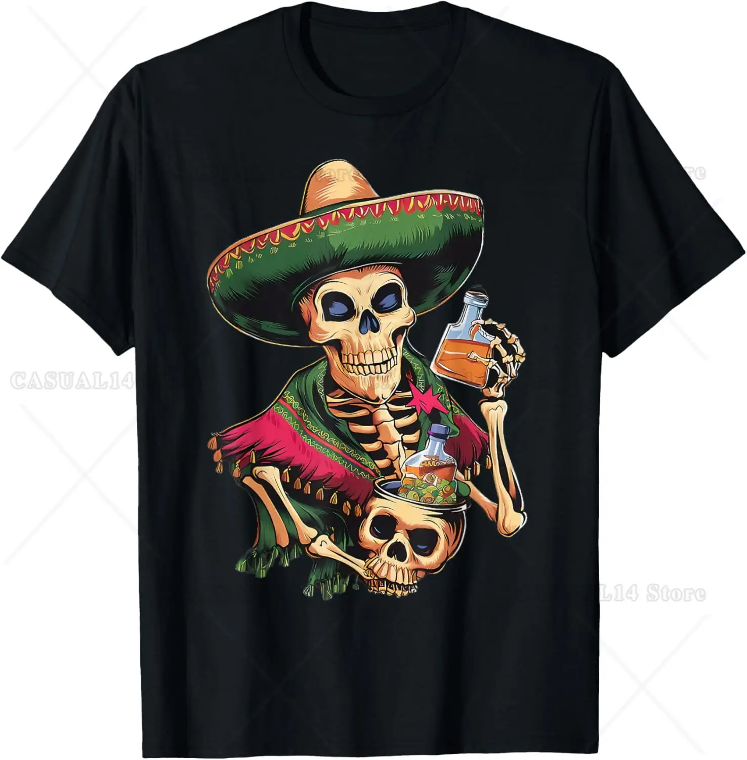 

Mexico Skull Holiday Men Women T-Shirt Drinking Wine Gothic Skeleton Tee for Party Bar Pool