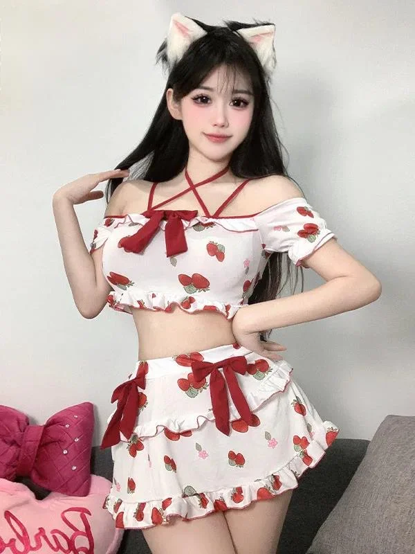 Korean Style New Sexy Uniform Student Strawberry Printing Short Sleeve Top Bow Short Skirt Set Campus Students JK Uniform F4TC