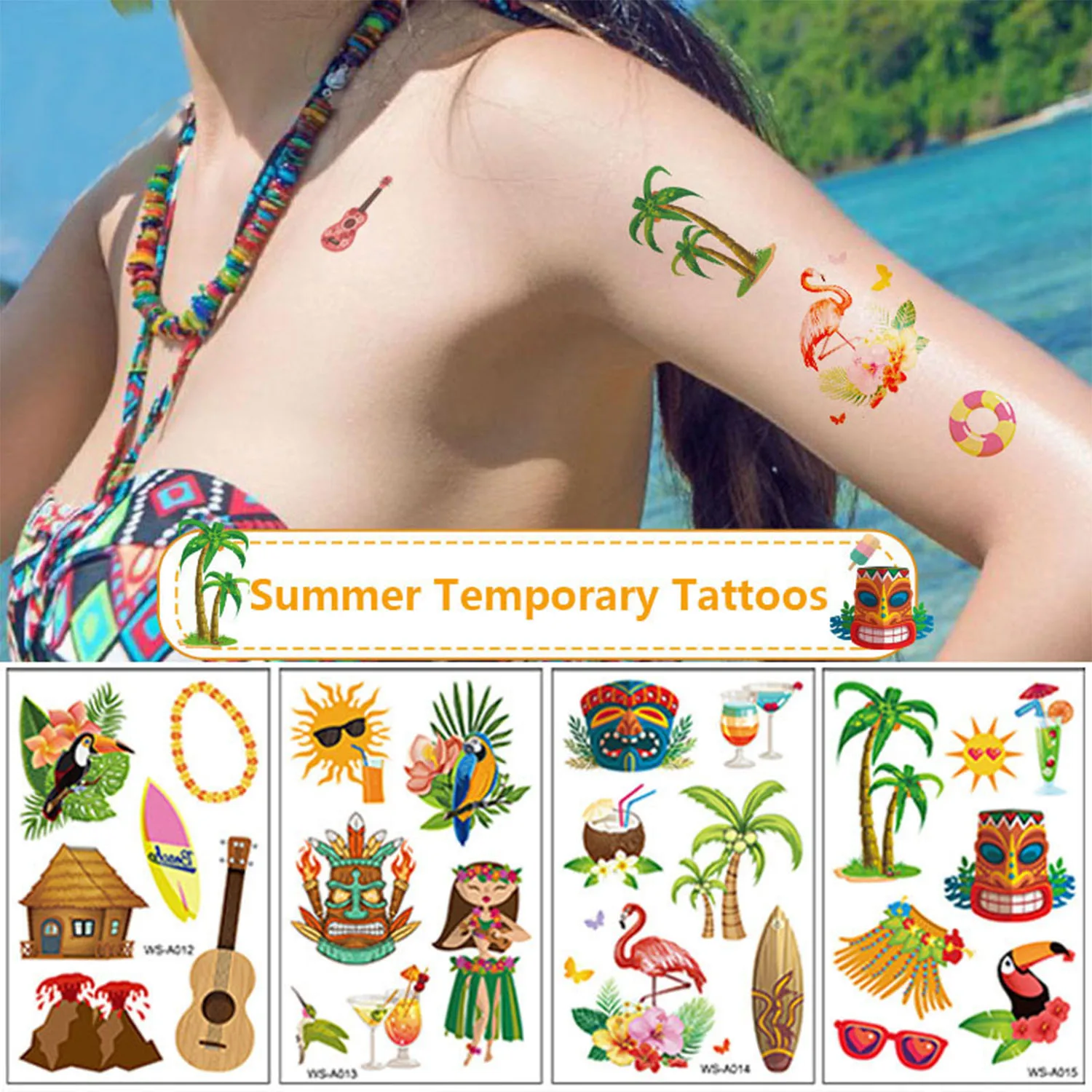 5 Sheets Hawaiian Tattoos,Summer Party Luau Themed Tropical Beach Tattoos, Waterproof Temporary Tattoos Stickers Party