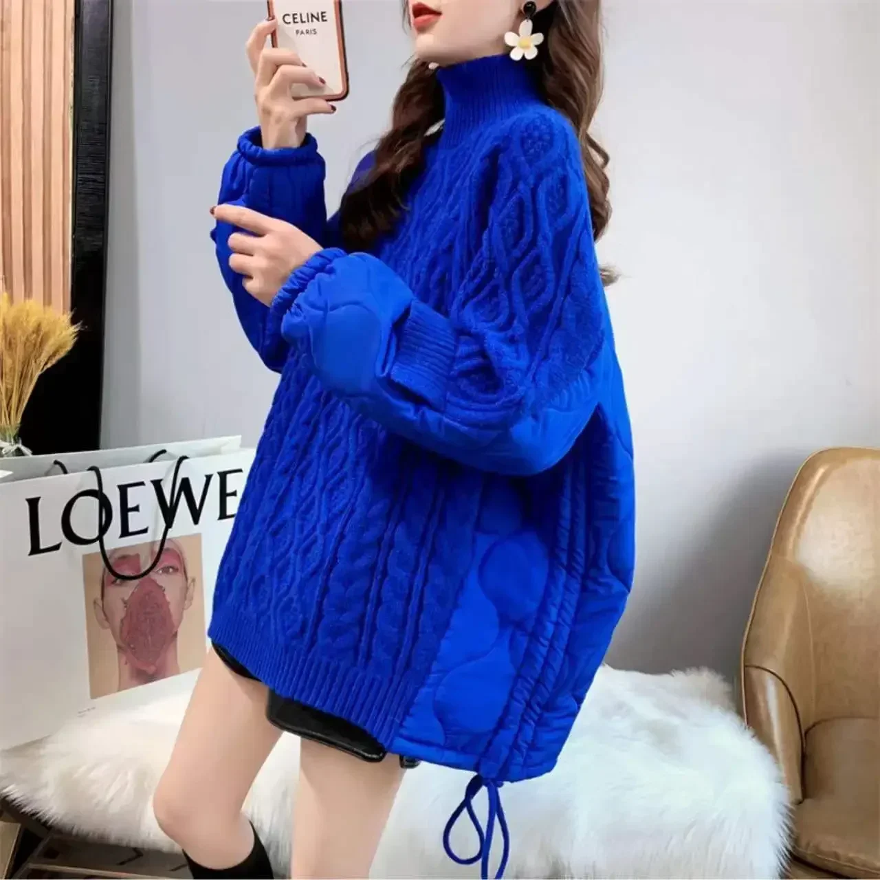 Spliced Winter Super Warm High-neck Mid-length Women's Sweater New Loose Lazy Style Thick Top Coat