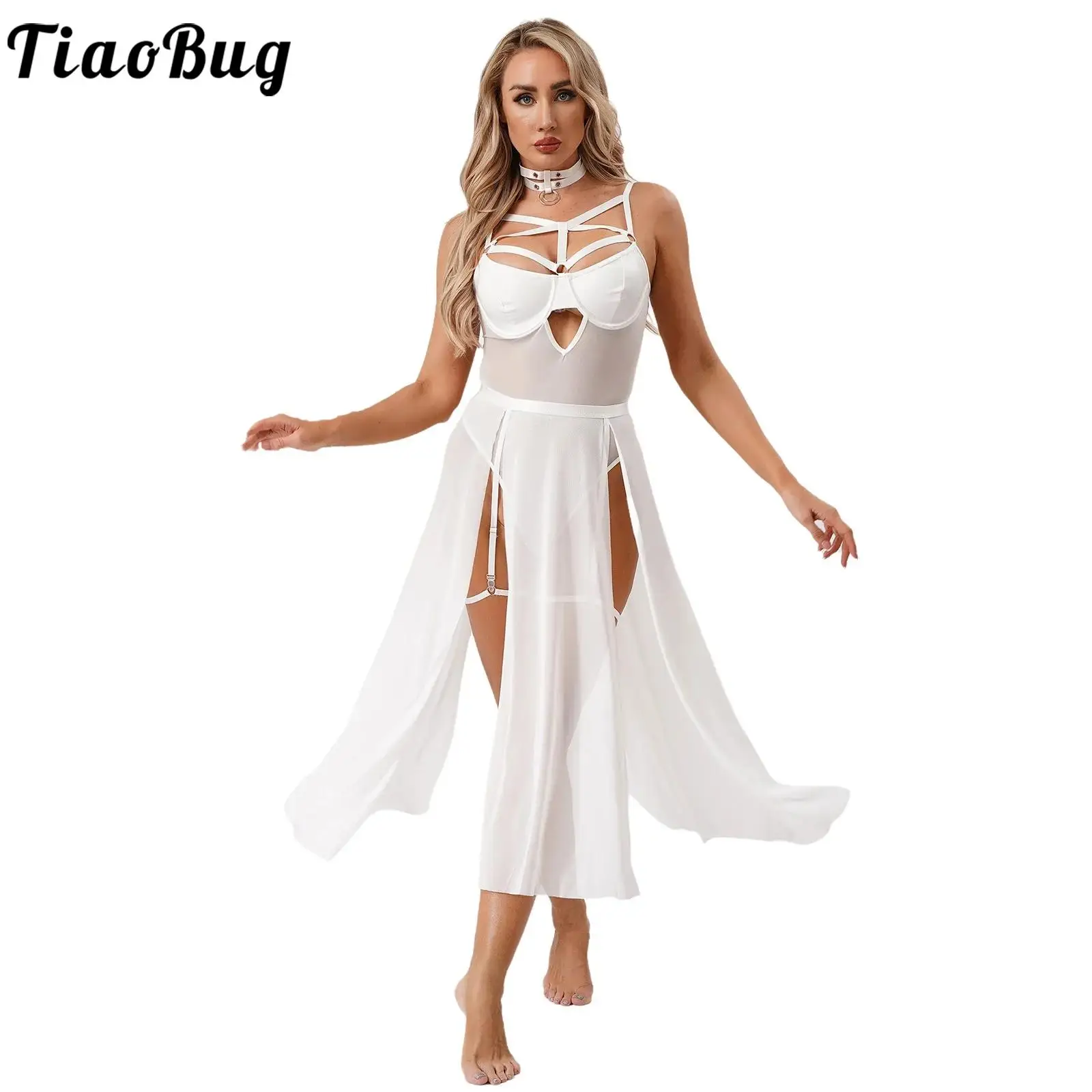 

Women Lingerie Sexy Tempting Nightwear Dress Underwire Bra Bodysuit Slit Mesh Maxi Skirt Choker And Thigh Bands Lingerie Suits