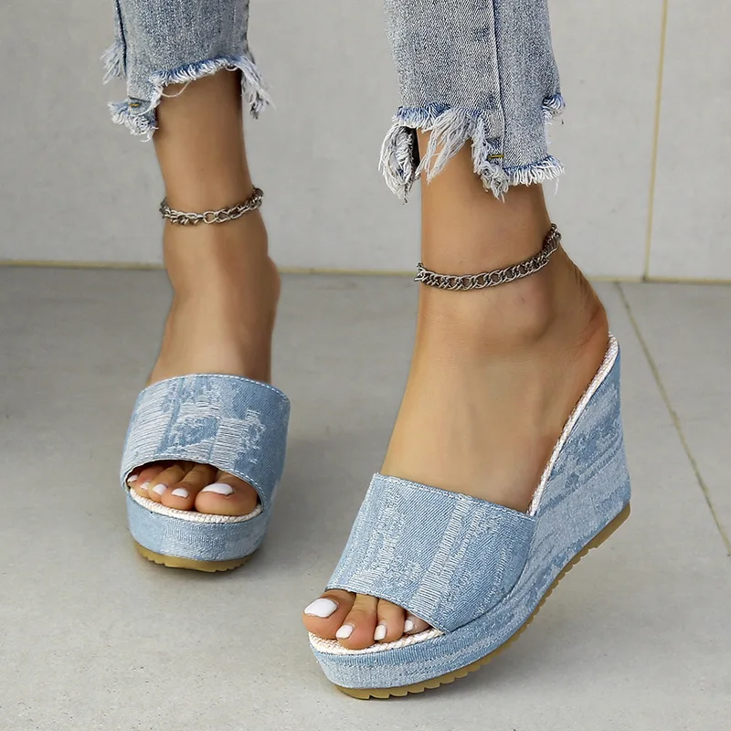 Slippers Women Summer Shoes Big Size On A Wedge Pantofle Slides Platform Heeled Mules Fashion Low Denim 2024 High Luxury PU Rome