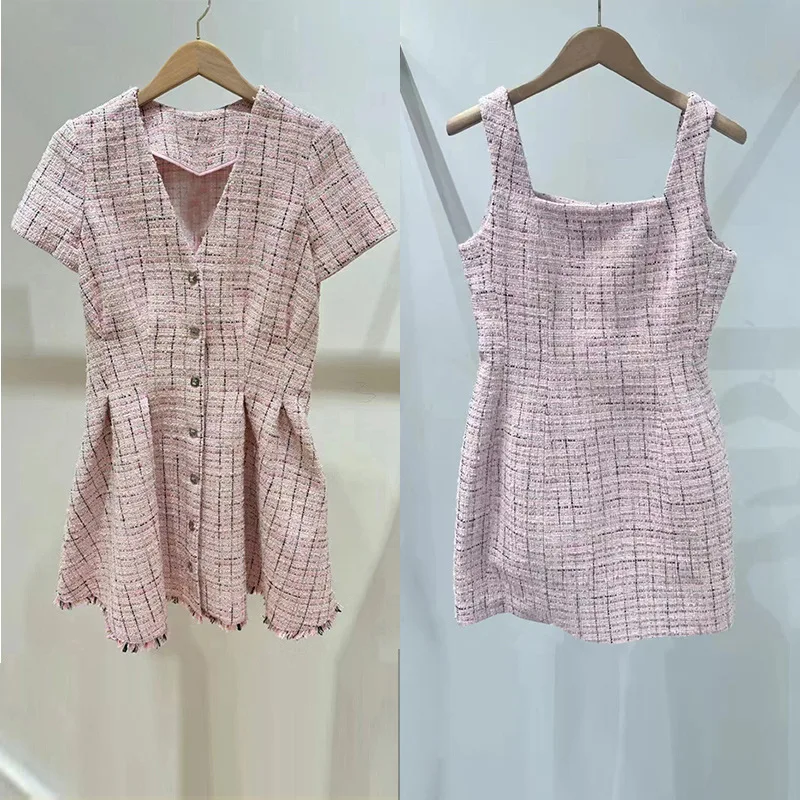 

Mini Dress for Women 2024 New Spring Summer Tweed Plaid V-neck Slim Waist Sweet Short Sleeve or Sleeveless Robes