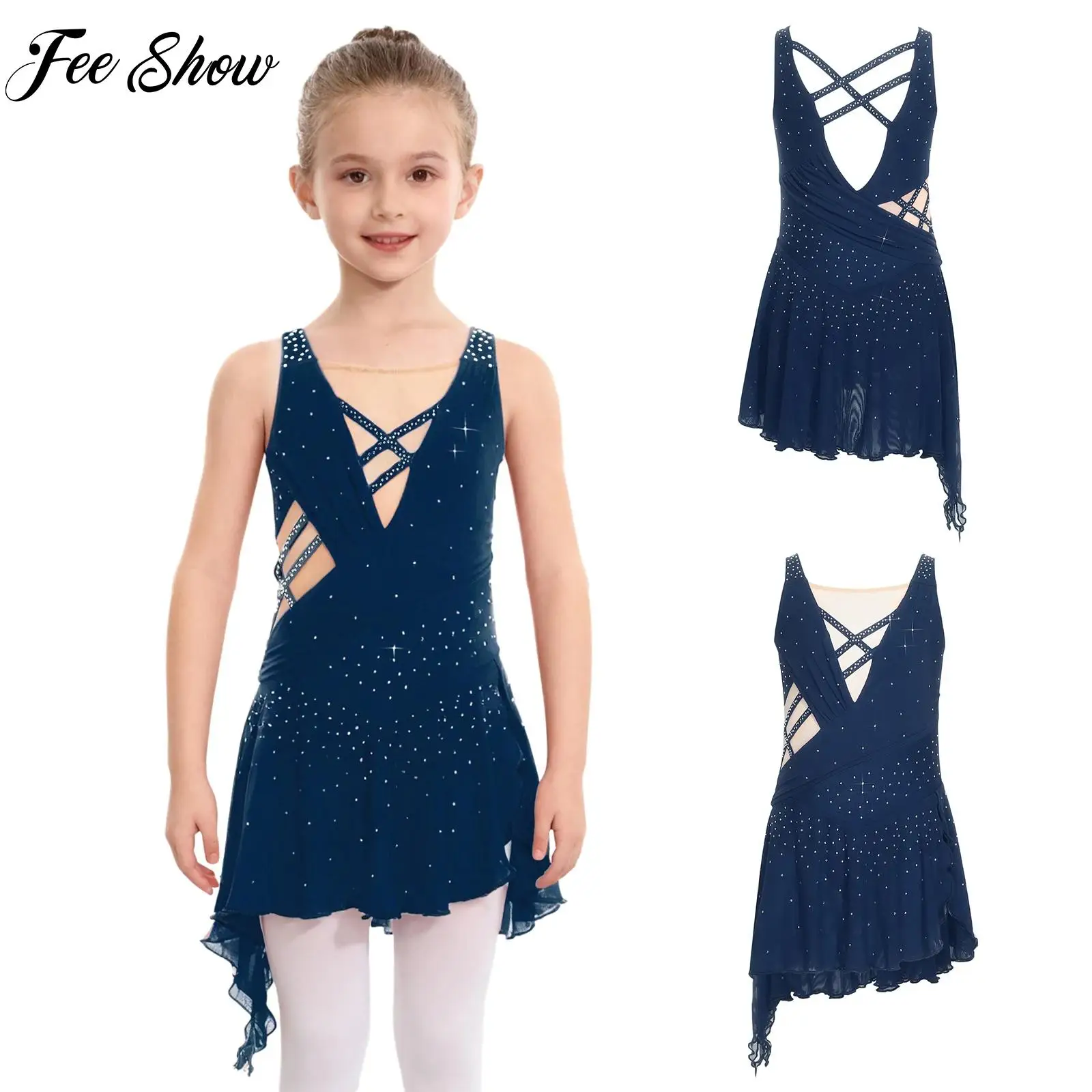 キッズガールズ叙情的なドレスフィギュアスケートパフォーマンス衣装ノースリーブラインストーンメッシュドレスモダンコンテンポラリーダンス服