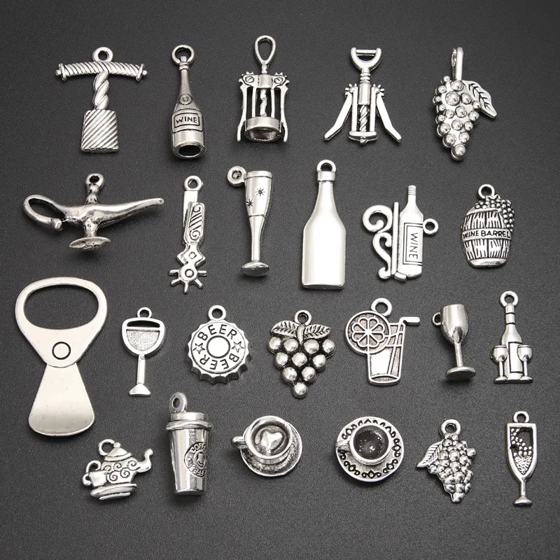 フルーツジュースペンダント,30個,シルバーカラー,赤ワイン用,ピューター,手作りジュエリー作り用