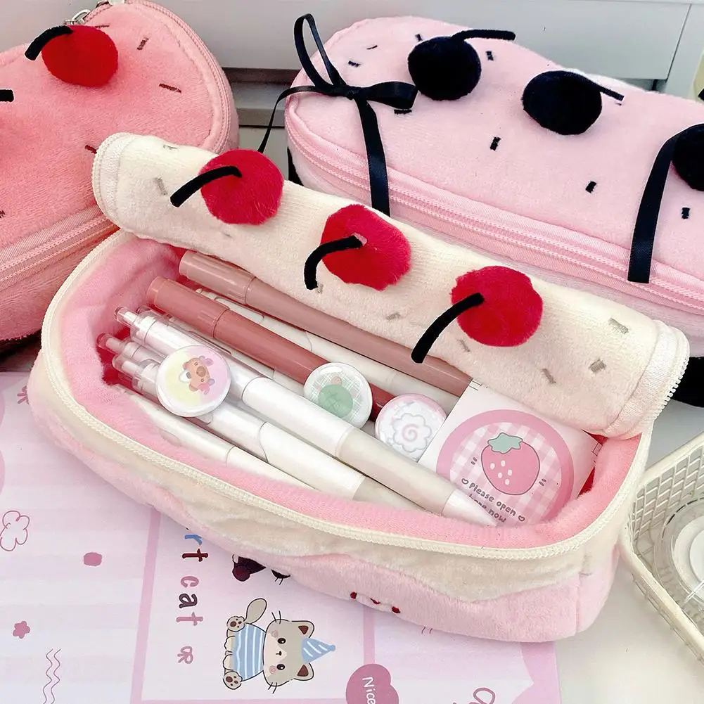 Cute Cake Plush Pencil Case Kawaii Cherry Large Capacity Pencil Pouch School Stationery Box Makeup Bag Gift For Girls