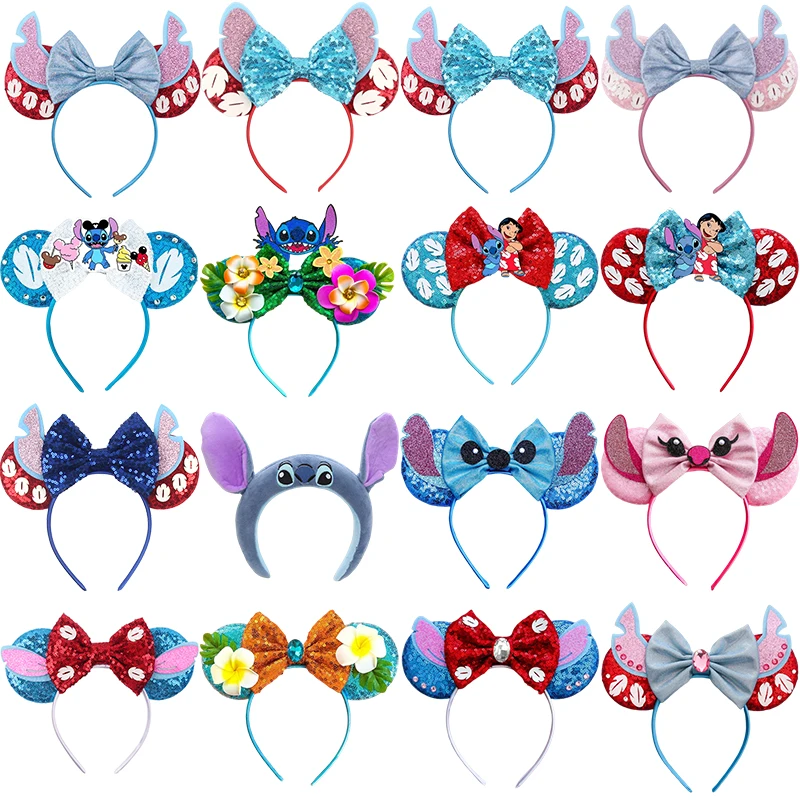 Cute Lilo & Stitch Headbands For Girls Sequins Bow Hairband Women Angel Headwear Kids Disney Ears Hair Accessories Carnival Gift