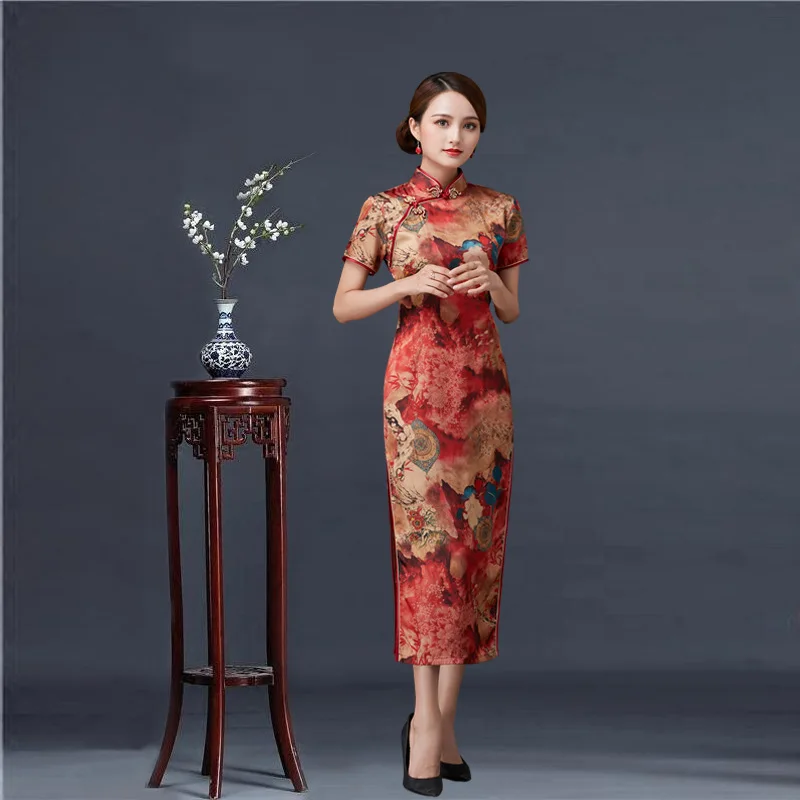 Frauen Cheongsam Neuheit Druck Lange Qipao Klassische Plus Größe 3Xl 4Xl 5Xl 6Xl Chinesischen Traditionellen Kleid Sexy Schlank Split Vestidos