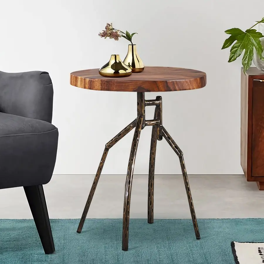 

Деревянный торцевой столик, круглый приставной столик, акцентный столик с металлической ножкой, мини-журнальный столик для гостиной
