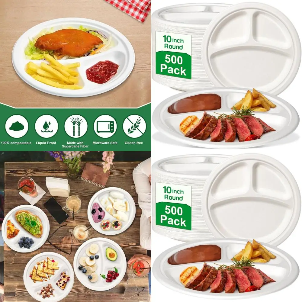 

Экологичные 500 штук, 10 3-секционных компостируемых тарелок для мероприятий и встреч на открытом воздухе