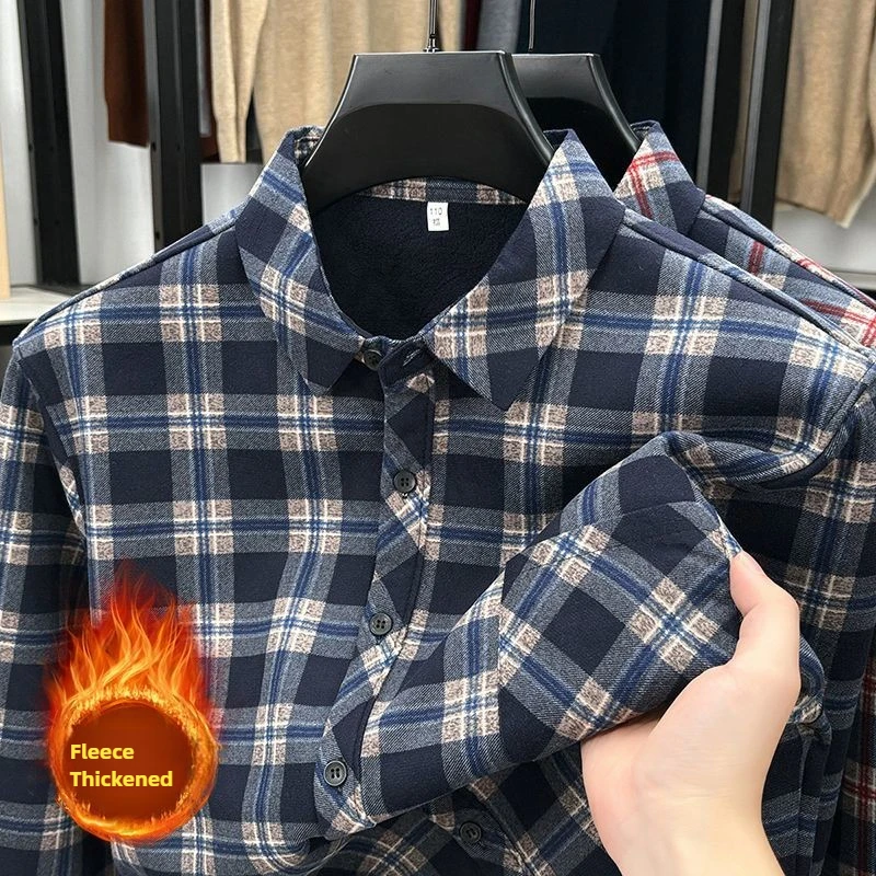 

Men's Long-sleeved Shirt Thickened Warm Plaid No-ironing Comfortable Button Up Chemise Casual Oversized with Pockets Warm Shirt