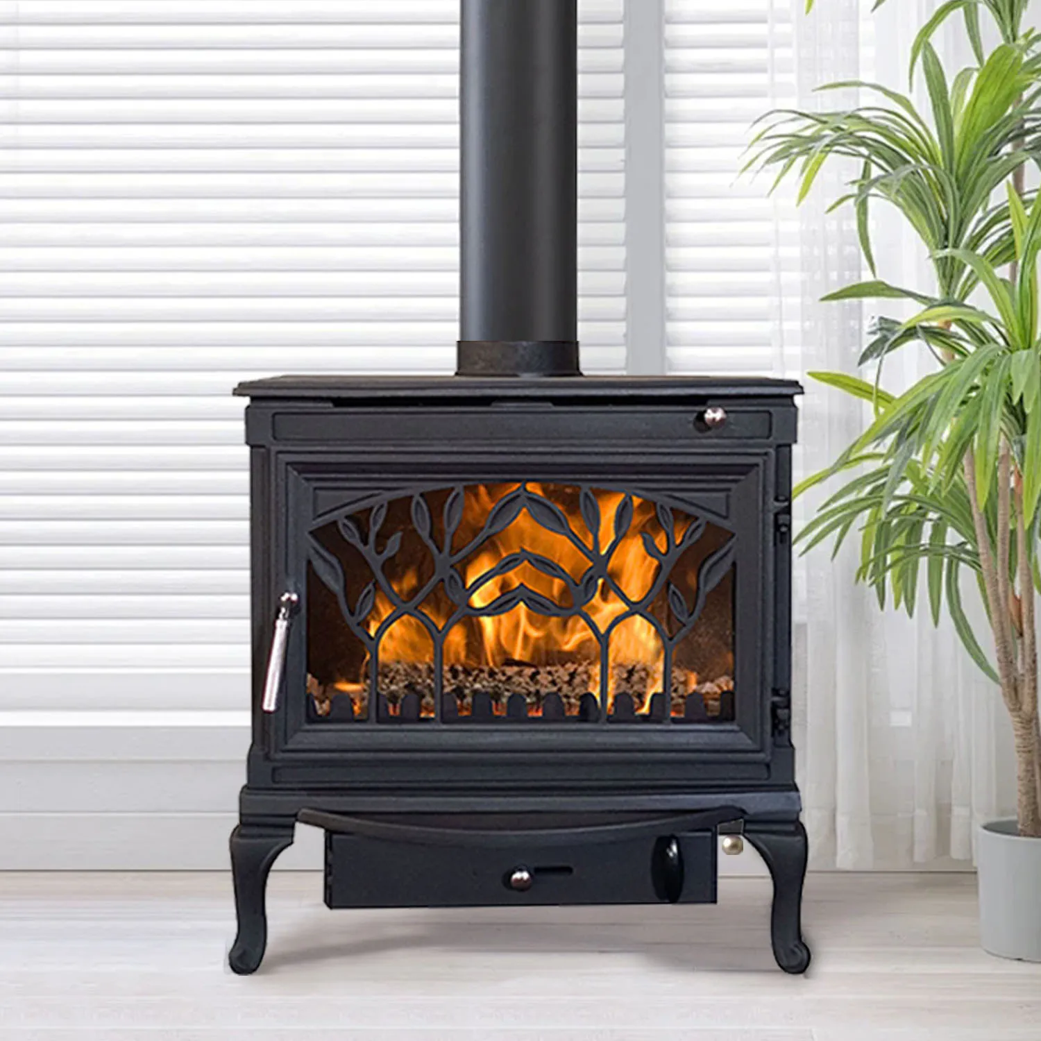 Factory direct sales olive branch three-sided glass fireplace cast iron real fire household wood burning wood heating