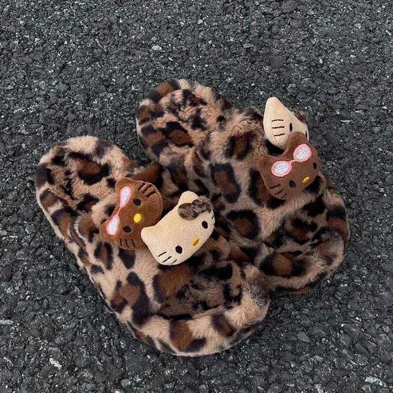 Sanrio Hello Kitty Cartoon Anime Leopard pluszowe kapcie damskie Kawaii moda jesienno-zimowa na cały mecz buty domowe z grubą podeszwą