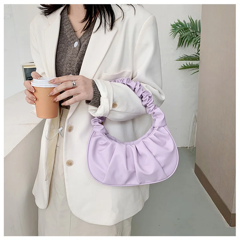 New Cloud Pleated Handlebags Solid Color PU Leather Bags for Women Dumpling Tote Armpit Bag Underarm Bags