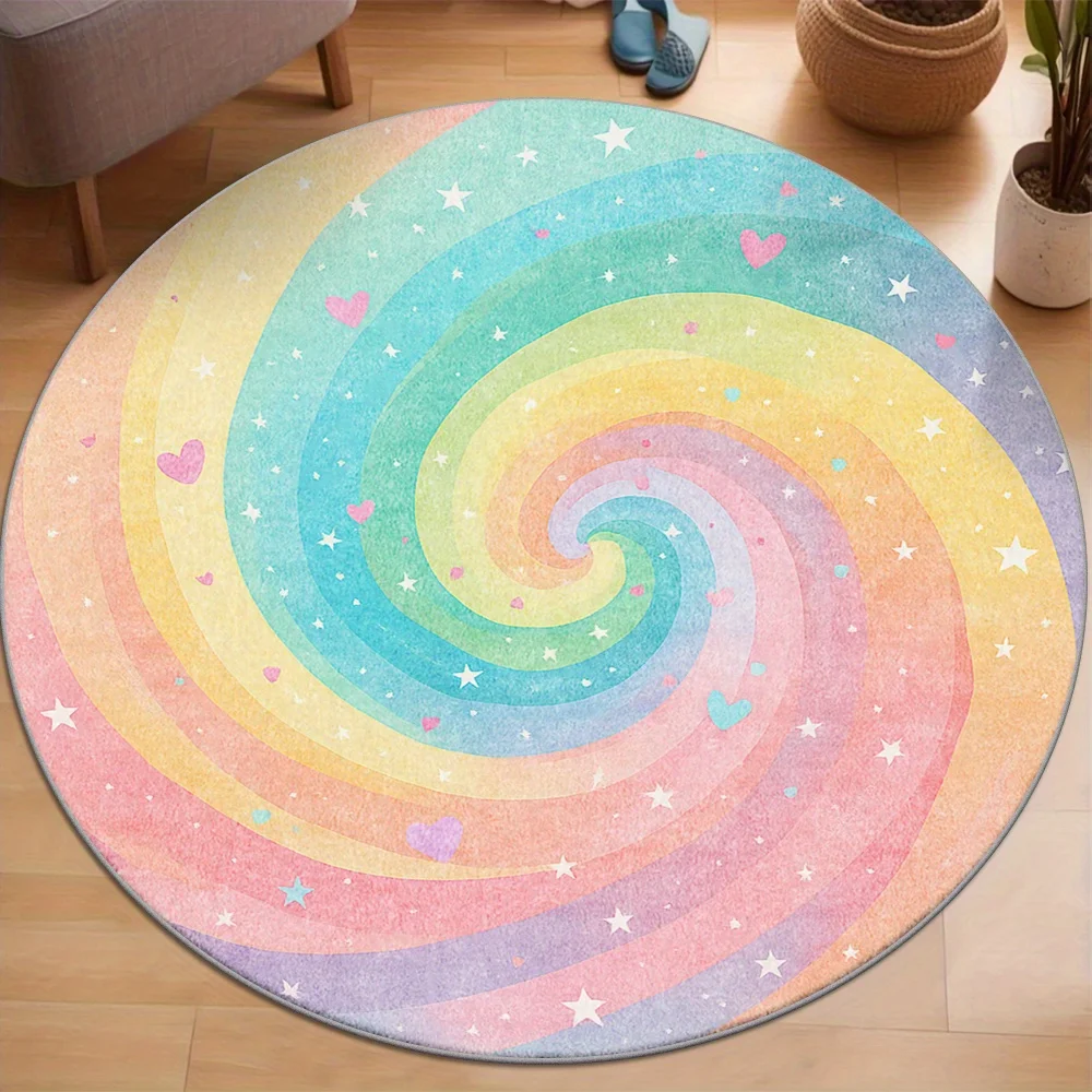 Soft Fluffy Round Polyester Shag Rug Nursery Mat Rainbow Swirl Pastel Stars Hearts Plush Throw for Kids Bedroom Bathroom Home De