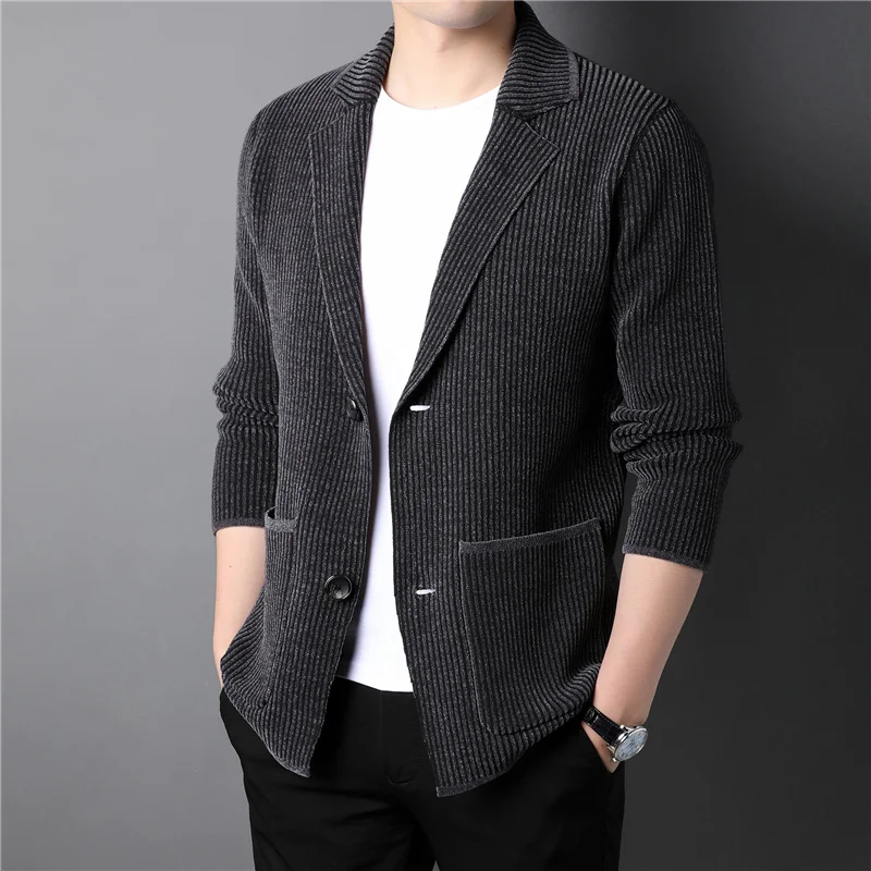 2023 Autumn New Men's Thick Cardigan Jacket Business Casual Suit Collar Two Buttons Knit Sweater Coat Male Brand