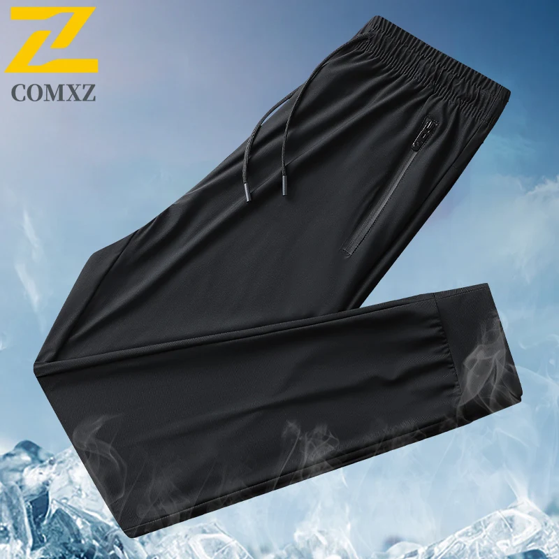 

COMXZ Summer Casual Pants Men Gym Training Ice Silk Quick-drying Drawstring Trousers Man Sports Running High Elastic Sweatpants