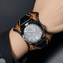 Men's Punk Rock Style Large Dial Quartz Watch Vintage Multi Layer Hand Stitched Cowhide Strap