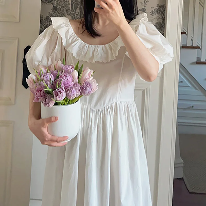 

French Nightgown Retro Hepburn Princess Court Style Dress Girls with Bubble Sleeves and Loose Fitting Sleepwear for Women Summer