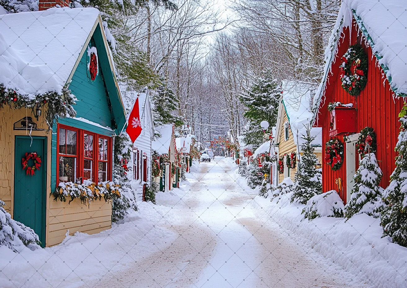 Snow Cobblestone Village Christmas Background Cloth European Stone House Wreath Pine Tree Kid Holiday Family Portrait Photo Prop