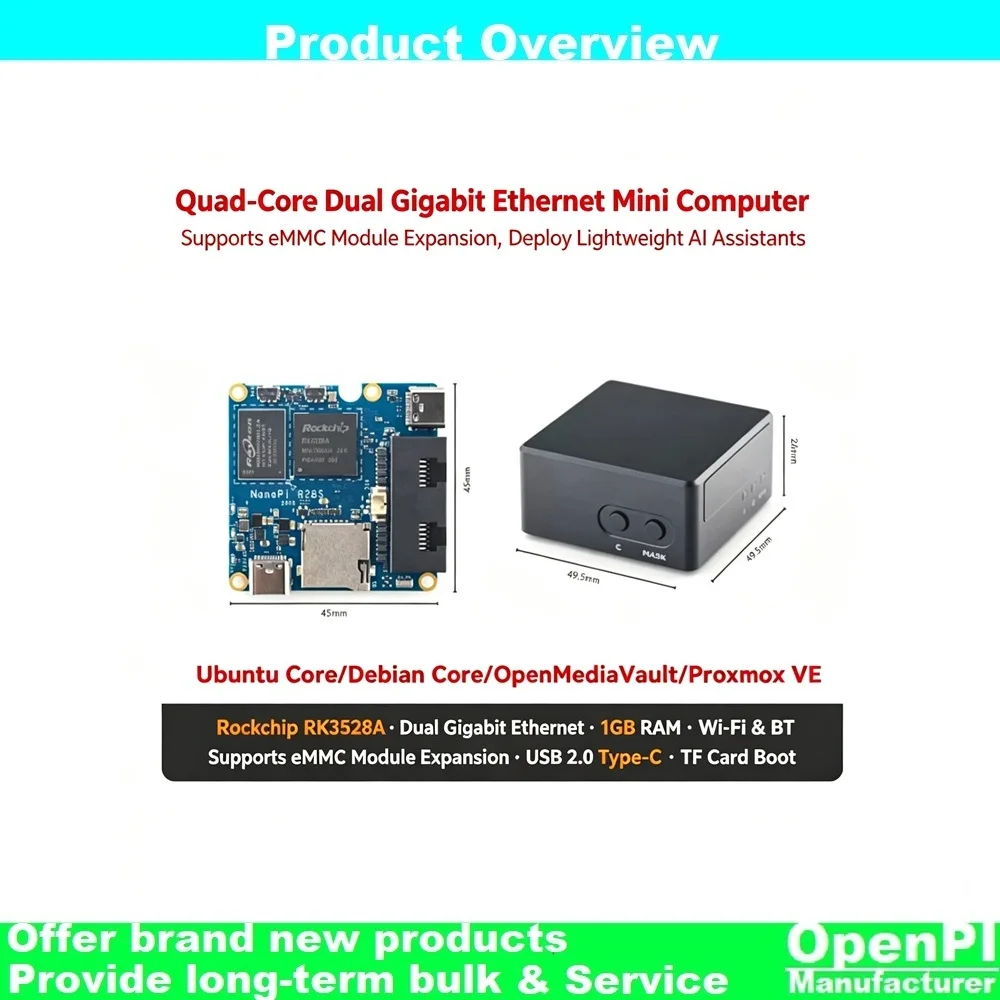 NanoPi R28S Mini Computer RK3528 Dual Gigabit Ethernet Port 1GB Supports eMMC Bluetooth WiFi