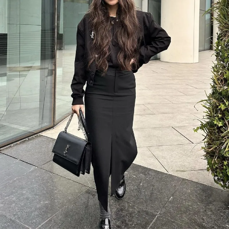 2023 Sexy Black Front Slit Midi Pencil Skirt Women Spliced High Waist Package Hips Skirts