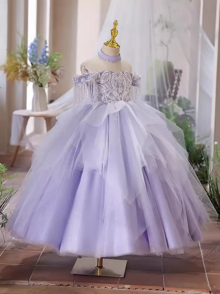 

Elegant Lilac Princess Children Birthday Party Dress Off Shoulder Beading Flower Girl Wedding Occasion Prom vestidos para niñas