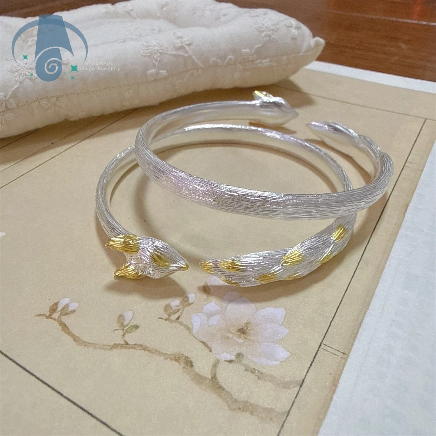 Nine Tailed Fox Chinese Gold Painted Open Bangle Bracelet Women Bold Statement Luxury Glossy Finish Jewelry Elegant Unique Desig