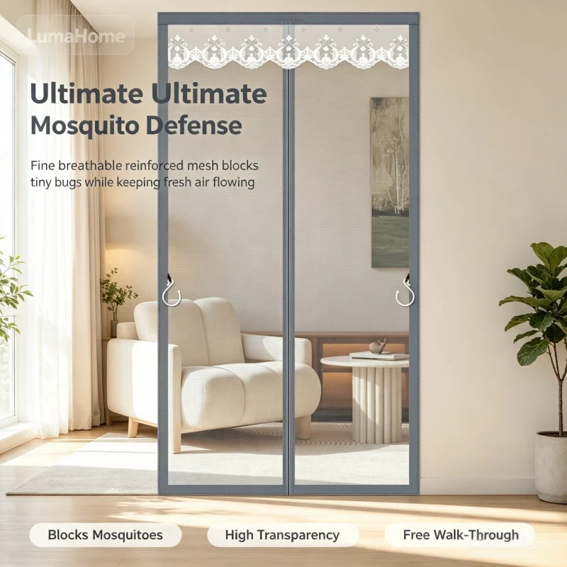 Lace Top Anti-Mosquito Door Screen Curtain,Two-Way Split Opening Bug Fly Mesh Netting for Home Doorway,Grey Frame Insect Barrier