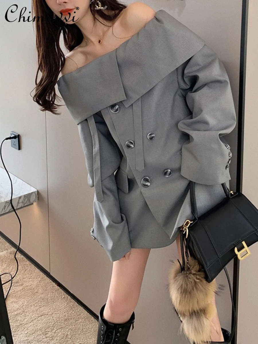 Sexy Off-the-Shoulder Suit Jacket Women's 2022 Autumn New Fashion High Waist Slim Straight Wide Leg Casual Pants Elegant Outfit