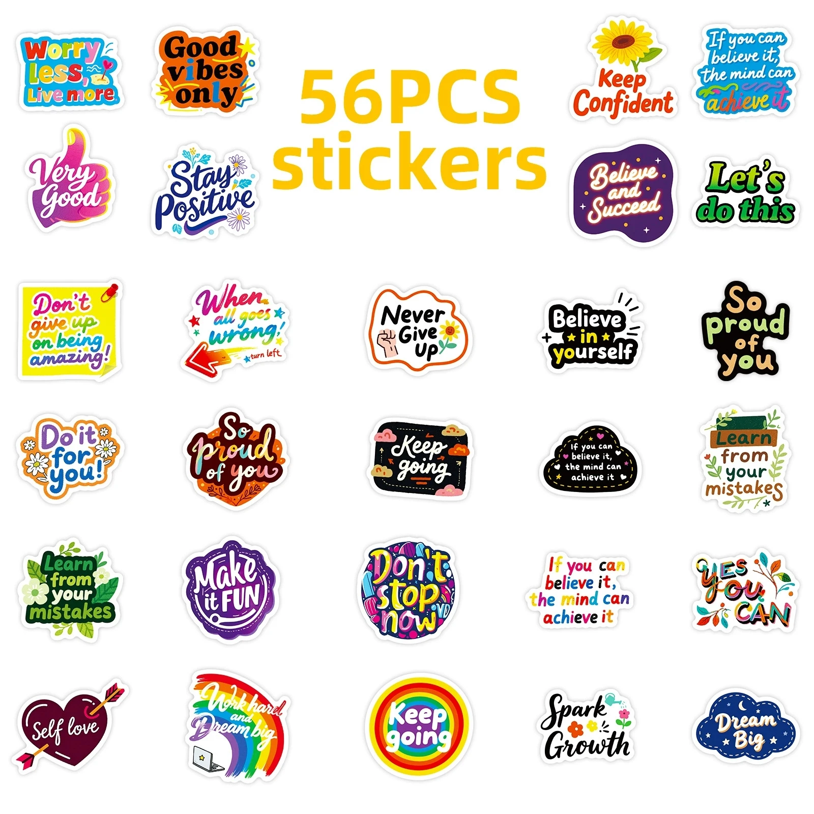 56 قطعة من ملصقات الكتابة على الجدران الملهمة، ملصقات نصية إيجابية، ملصقات قرطاسية مقاومة للماء للكمبيوتر المحمول والكمبيوتر المحمول