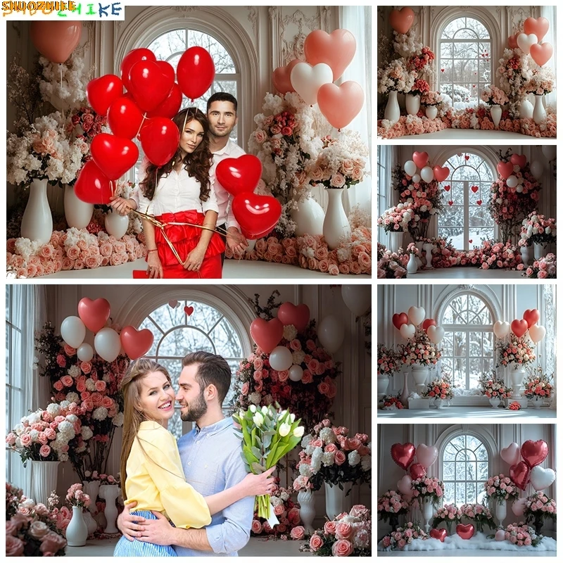 

Floral Window Valentine's Day Photography Backdrop Pink Flower Love Heart Balloon Wedding Party Couple Portrait Photo Background