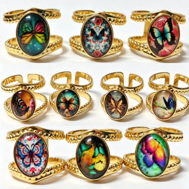 20/50pcs Bulk Stainless Steel Open Adjustable Rings Butterfly Pattern Cabochon Inlay Finger Rings for Jewelry Store