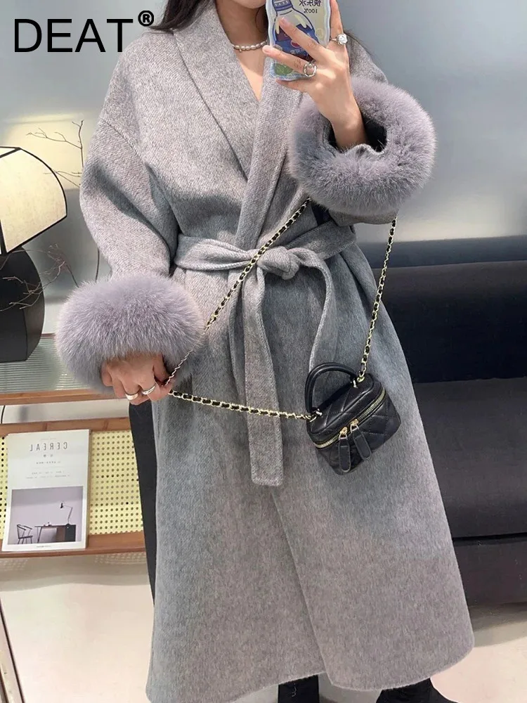 

DEAT Fashion Woman Cashmere Coat Full Sleeve Fur Thick Cardigan Elegant 2023 Autumn New Lapel Open Stitch Belt Female 15KB5181