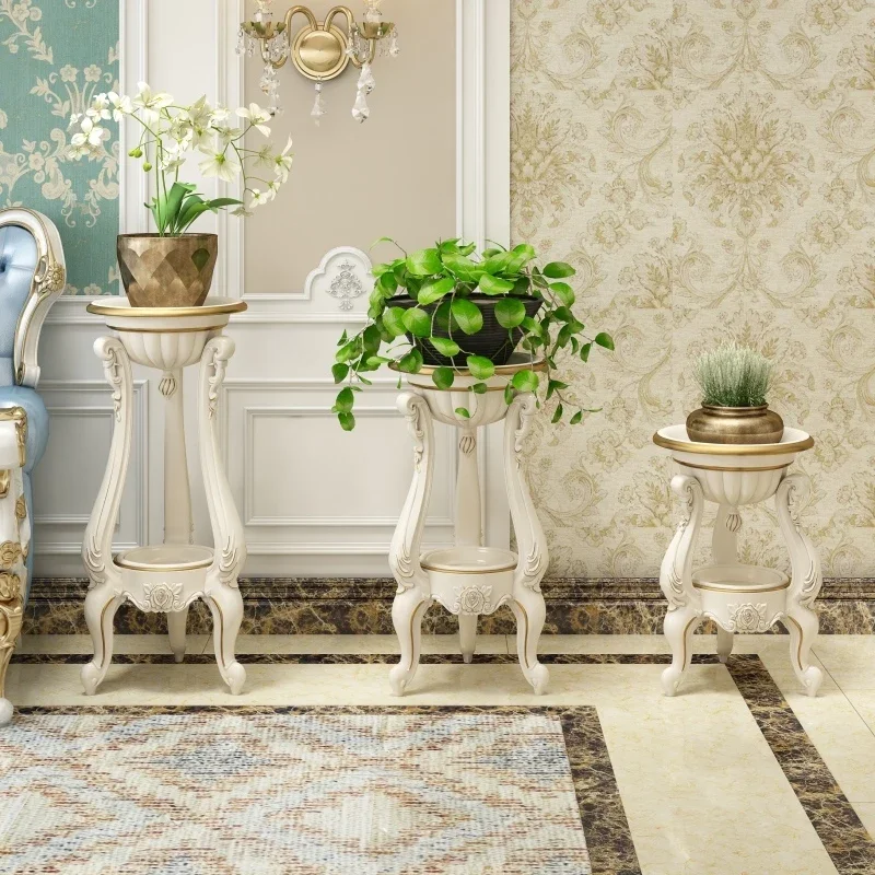 Soporte de flores de estilo europeo, estante para maceta de balcón, soporte para plantas de sala de estar, estante de suelo, maceta de madera maciza de imitación blanca