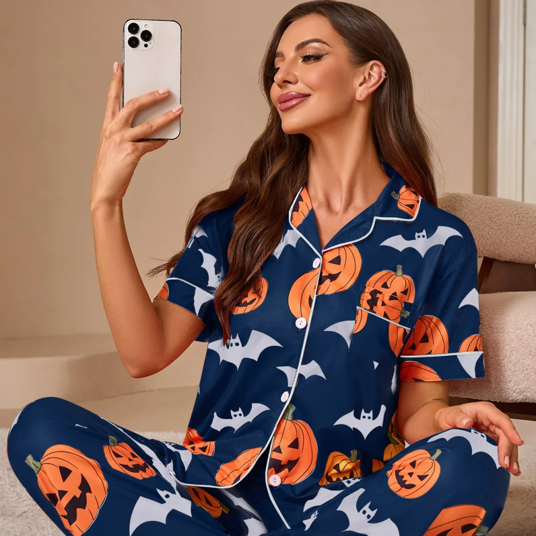 

Halloween Pumpkin Print Pajama Women's Set Cardigan Fashionable Short Sleeved Shirt Long Pants Home Wear for Female