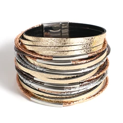 Amorcome Boho Curved Metal Tube Charm Slim Leather Bracelets for Women Men Vintage Multilayer Wrap Wide Bracelet Party Jewery