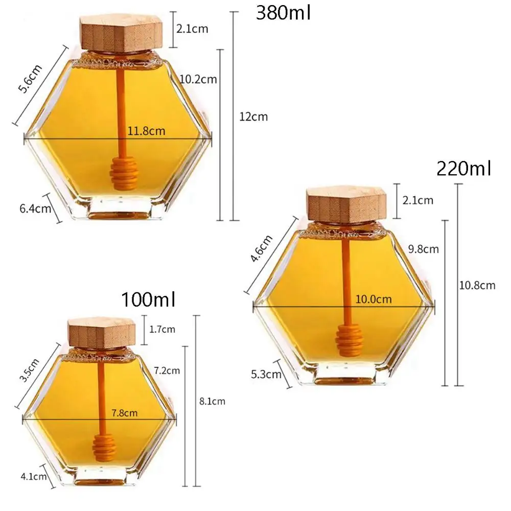 Hexagon Kitchen with Wooden Dipper Glass Cork Lid Honey Pot Dispenser Honey Jar Storage Container