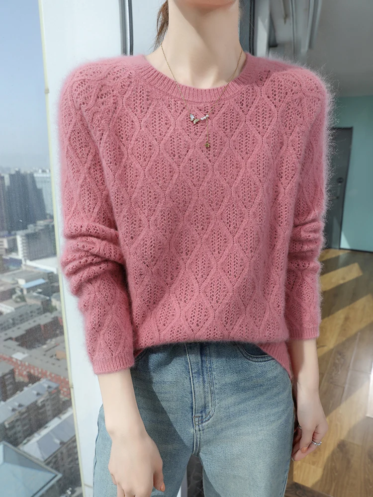 Autumn Winter Women Cashmere Sweater Pullover 100% Mink Cashmere Knitwear Hollow Out O-neck Grace Raglan Sleeve Female Clothing