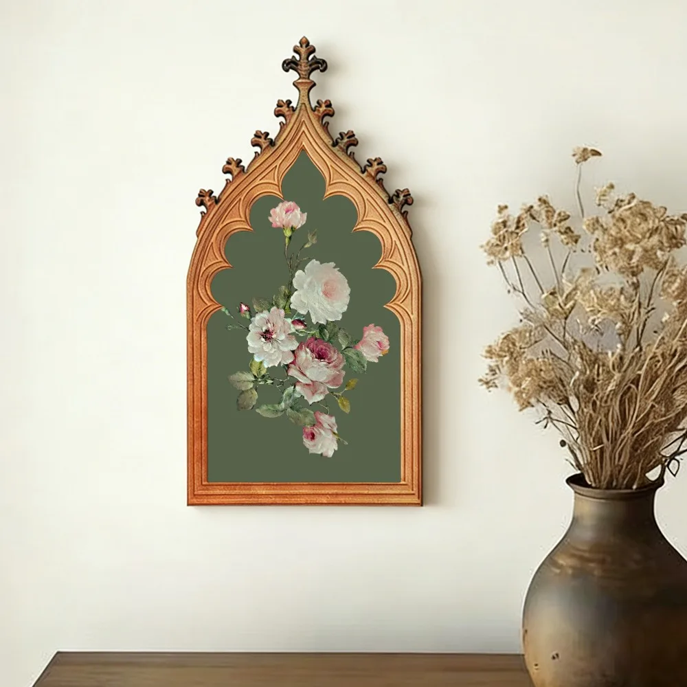 Cross-Border Gothic Church Window-Shaped Vintage Rose Wooden Wall Plaque For Dark Retro Home Wall Decoration Scenario