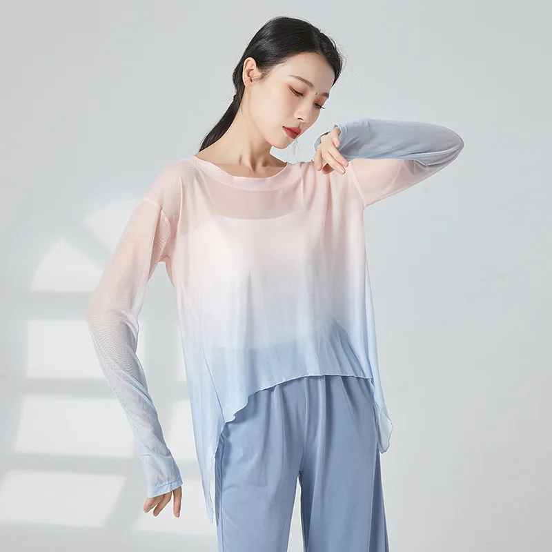 Gauze Top Sheer Flowy Body Rhyme Stretch Mesh Blouse Gradient Split Folk Dancer Shirt Long Sleeve 2 Colors Basic Wear Thumb Hole