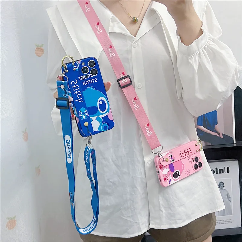 Schattige Cartoon Stitch Crossbody Hals Riem Lanyard Telefoonhoesje Voor Iphone 15 14 12 13 11 Pro Max X Disney Polsband Beugel Cover