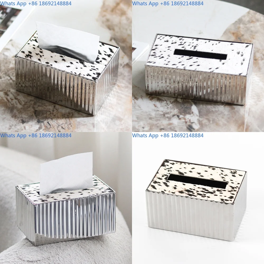 

Luxury Metal Stripe Tissue Box High End Leather Faux Hair Calf Tissue Holder Decorative Piece for Model Room Sales Office