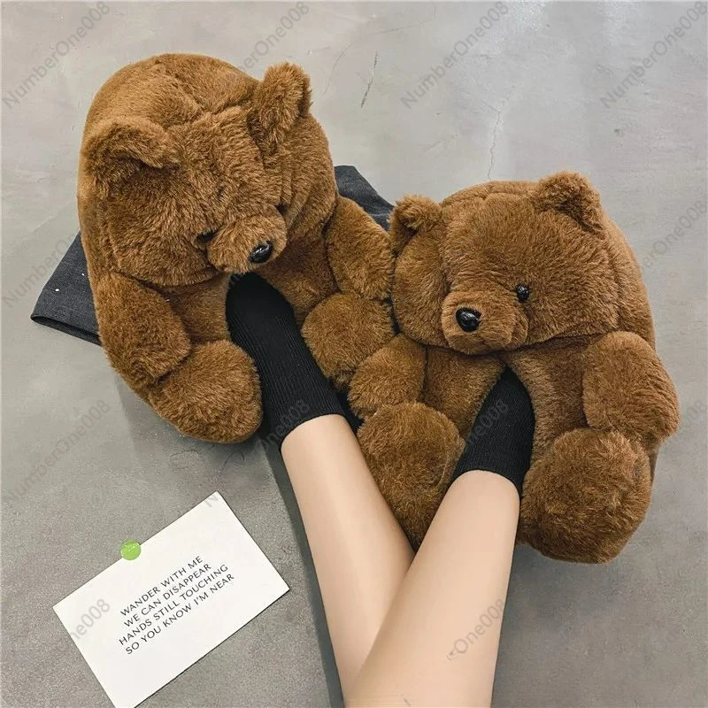 Cartoon Warm Teddy Bear Slippers Cute Bear Cotton Shoes Oversized Bear Indoor Home Shoes Winter Fluff Nest