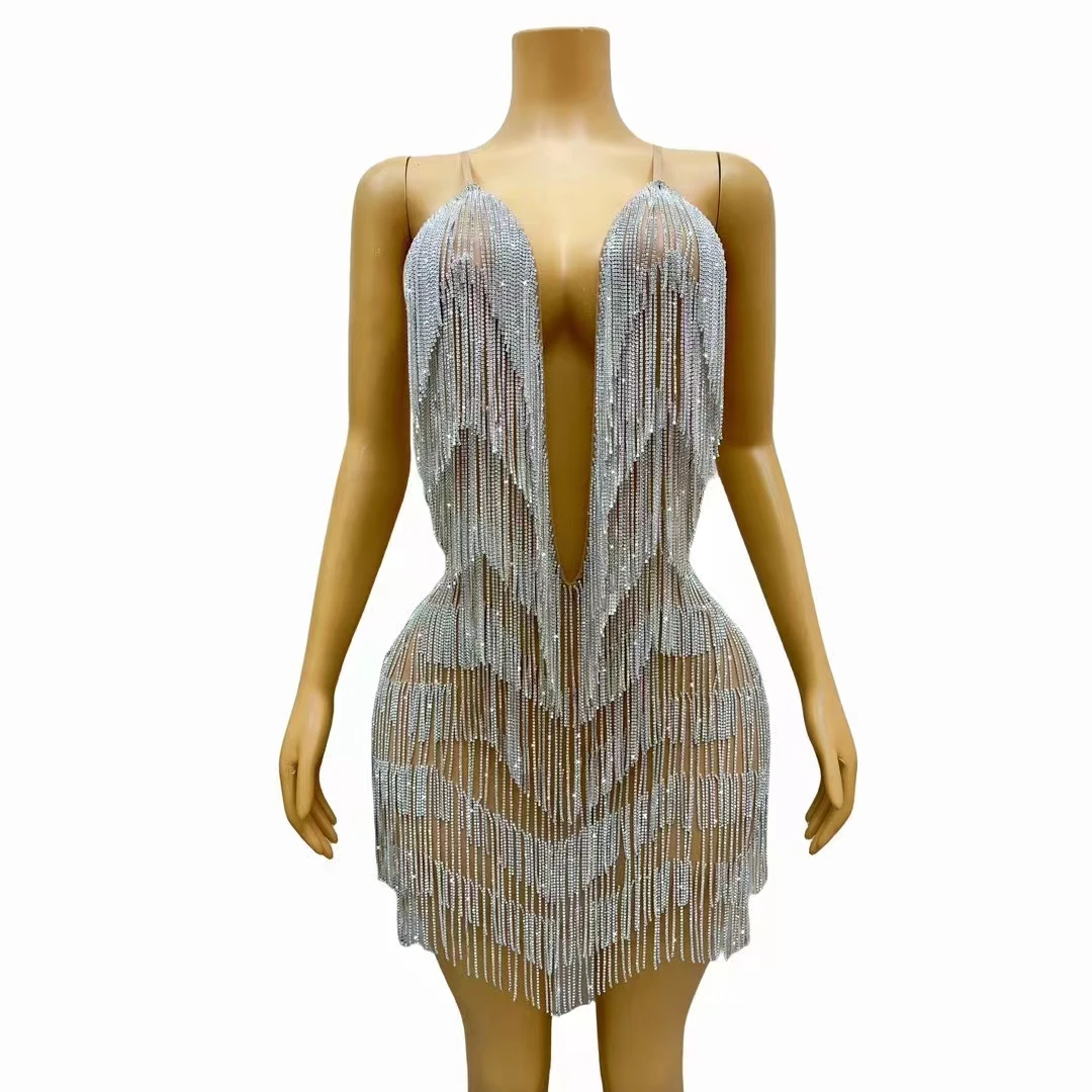 

Sexy Backless Silver Rhinestones Tassel Dress Luxurious Party Nightclub Bar Stage Wear Women Evening Celebrate Show Fringe Dress