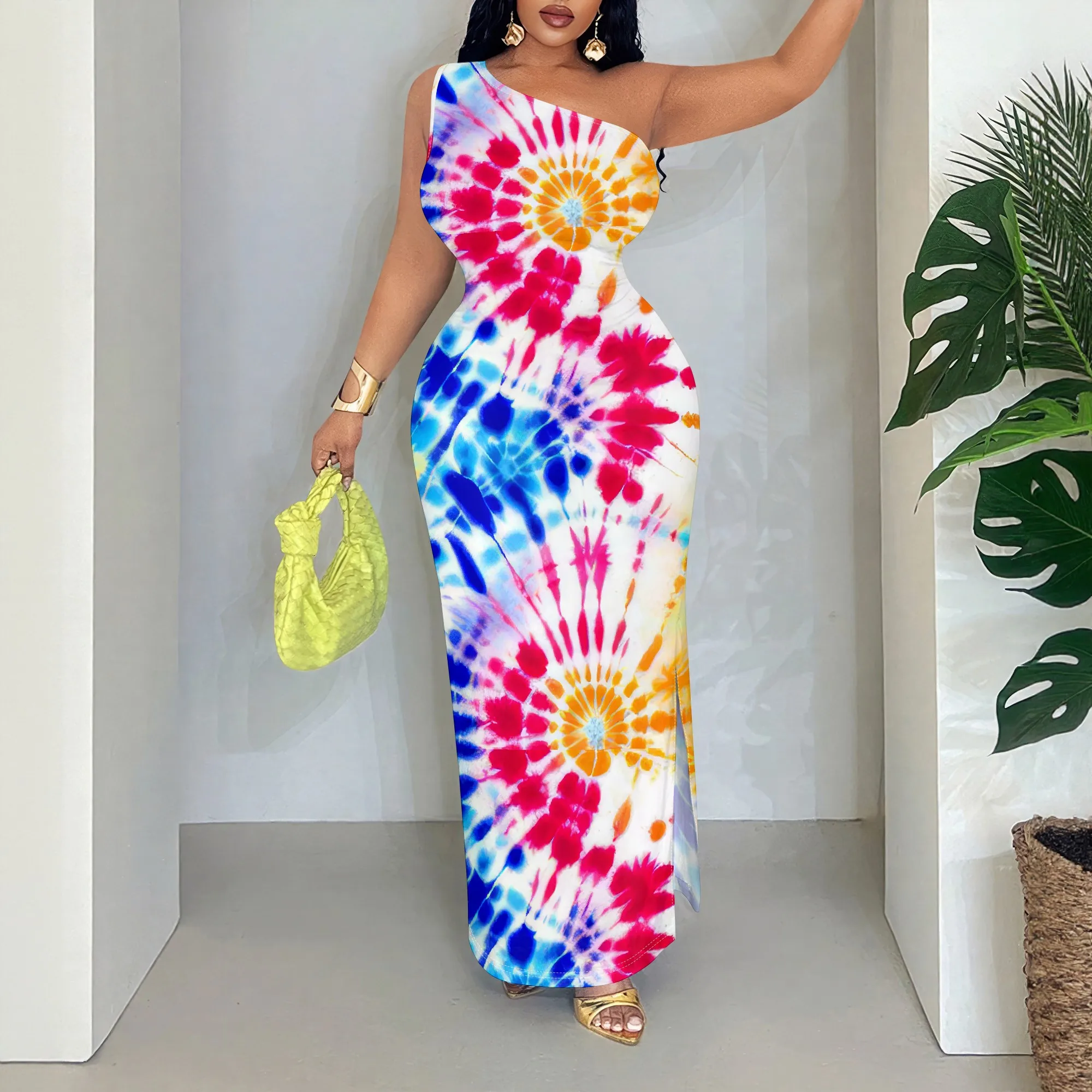 

Vibrant Tie-Dye One Shoulder Maxi Dress, Boho Print Sleeveless Long Gown, Colorful Summer Beach Party Wear for Women S-2XL