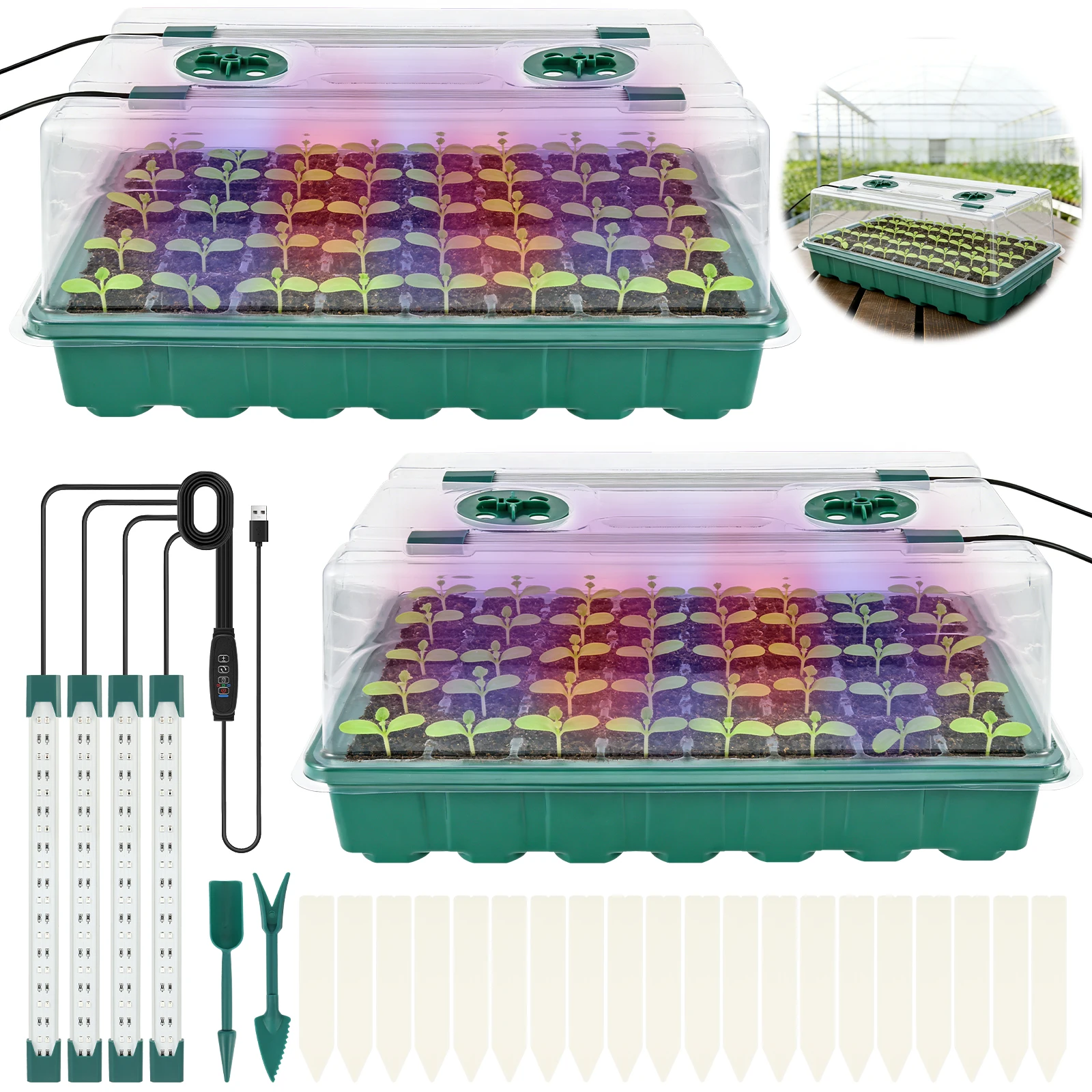 

Набор из 2 лотков для рассады с высоким куполом для проращивания - 40 ячеек, 4 светодиодных фитолампы, умный таймер и 3 режима для домашнего сада