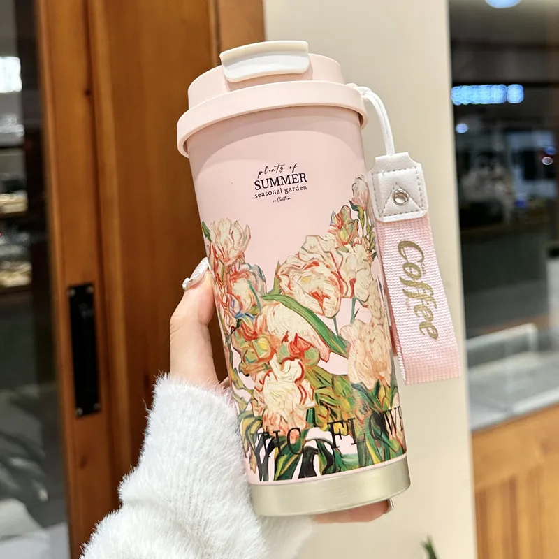 500ml Flower Thermal Mug Stainless Steel Insulated Coffee Cup with Handle Vacuum Flask Thermos Bottles for Woman with Straw